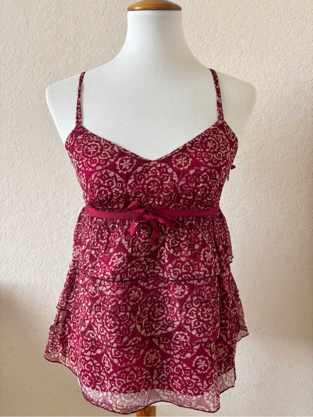 INC 100% Silk Tiered Babydoll Y2K Ruffle Bow Floral Boho Cami Top Size 4